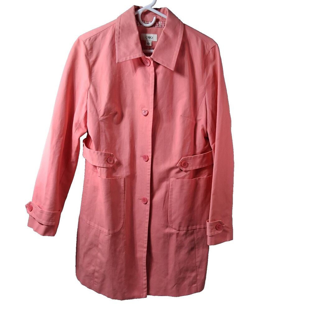 CATO Coral Pink Water Resistant Trench Coat Mid Length Jacket Large‎ Gingham